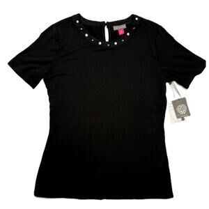 Vince Camuto black knit short sleeve top with sequin accents, Embellished Neck